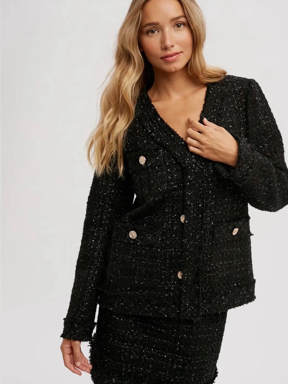 007. French Chic Black Bouclé Jacket with Gold Buttons